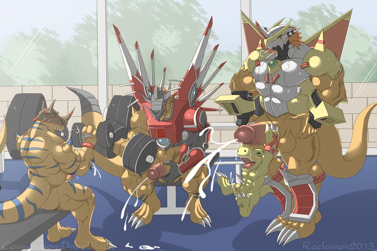 2013 3:2 abs agumon armor balls bandai_namco biceps big_muscles big_penis blue_body blue_skin bodily_fluids brown_body brown_skin claws cum cumshot cybernetics cyborg digimon digimon_(species) digimorph dinosaur e621 ejaculation erection evolutionary_family exercise genital_fluids genitals geogreymon group gym headgear helmet holding_object huge_muscles humanoid_genitalia humanoid_penis hyper hyper_muscles interspecies level_difference machine male male/male markings mask masturbation muscular muscular_male nude orgasm pecs penile penile_masturbation penis prehistoric_species reclamon reptile rizegreymon saurischian scales scalie sex sexercise sitting size_difference standing stripes tail theropod thick_penis toe_claws vein victorygreymon wargreymon weightlifting weights workout yellow_body yellow_skin