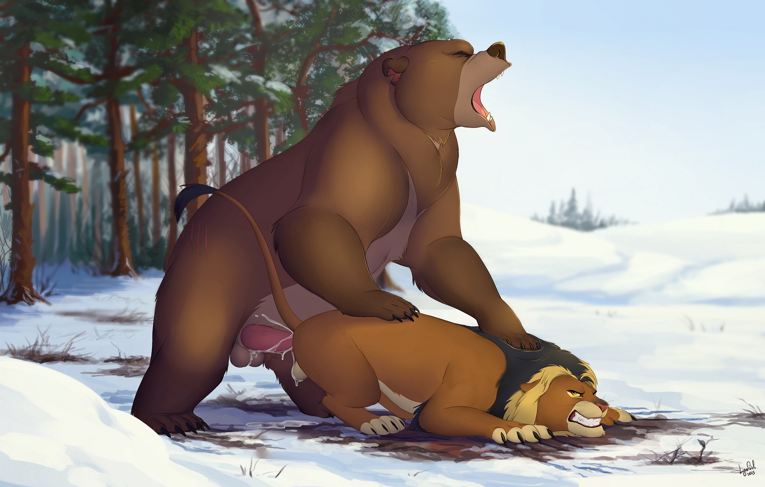 2014 4_toes 5_toes anal anal_penetration angry angry_sex balls bear bodily_fluids brown_body brown_fur brown_nose clawing claws clenched_teeth cum cum_in_ass cum_inside cum_on_balls cum_on_penis detailed_background digitigrade dominant duo e621 erection eyes_closed feet felid feral feral_on_feral forced from_behind_position frown fur genital_fluids genitals interspecies larger_dom lion looking_back lying male male/male male_penetrated male_penetrating male_penetrating_male mammal mane multicolored_body multicolored_fur nature nude on_front open_mouth orange_eyes outside pantherine penetration penis pink_nose pink_penis plant questionable_consent rape reallynxgirl rear_admiral_position scar sex sharp_teeth side_view size_difference sky smaller_penetrated snout snow tan_body tan_fur teeth toe_claws toes tongue tree two_tone_body two_tone_fur vein white_balls white_body white_fur wishbone_mouth wood yellow_eyes