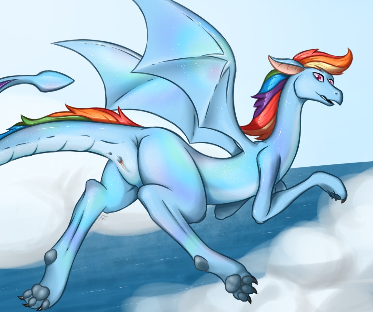 alternate_species anus blue_body blue_fur butt claws cloud digital_media_(artwork) dragon dragonification dragonified e621 european_mythology fearingfun female feral flying friendship_is_magic fur genitals glistening hair happy hasbro looking_at_viewer membrane_(anatomy) membranous_wings multicolored_hair my_little_pony mythological_creature mythological_scalie mythology open_mouth outside pawpads paws pink_eyes presenting presenting_hindquarters presenting_vulva rainbow_dash_(mlp) rainbow_hair scalie sea shadow sky slim smile solo tail toe_claws vulva water western_dragon wings