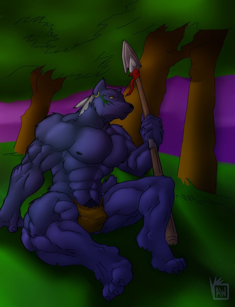 abs anthro athletic balls_outline biceps big_muscles biped black_nipples black_nose blue_body blue_fur blue_hair bottomwear bulge canid canine canis claws clothed clothing cyran detailed_bulge digital_media_(artwork) e621 ear_piercing fur genital_outline hair hi_res loincloth male mammal melee_weapon muscular muscular_anthro muscular_male nipples pecs piercing plant polearm pose pubes sitting solo spear toe_claws topless tree tribal waffle_(artist) weapon wolf yellow_eyes