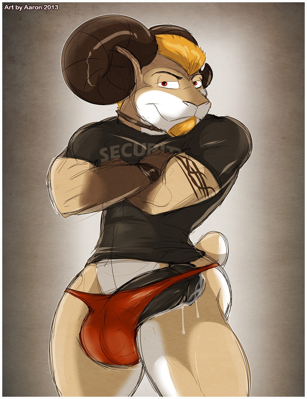2013 aaron_(artist) abs anthro balls barely_contained barely_contained_penis beard biceps big_muscles big_penis bighorn_sheep biped black_penis blonde_hair bodily_fluids border bouncer bovid bovid_horn brown_body brown_fur bulge caprine caprine_horn clothing crossed_arms digital_media_(artwork) e621 english_text erection facial_hair fur genital_fluids genitals hair hi_res horn humanoid_genitalia humanoid_penis ineffective_clothing ineffective_thong leaking looking_at_viewer male mammal muscular muscular_anthro muscular_male nude pecs penis penis_poking_out pose precum ram_horn rammy_aaron red_eyes security sheep shirt smile solo speedo standing swimwear tattoo text text_on_clothing text_on_shirt text_on_topwear thick_penis thong tight_clothing topwear underwear wardrobe_malfunction white_body white_border white_fur