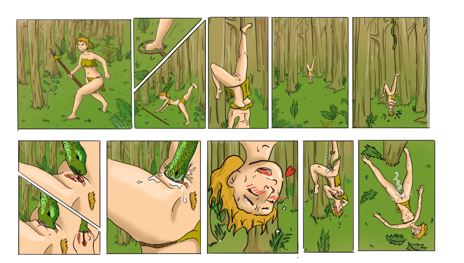 absurd_res ambiguous_gender ambiguous_prey barefoot bestiality blonde_hair bodily_fluids bottomwear breasts clothed clothing comic cunnilingus detailed_background duo e621 elemental_creature exposed eyebrows eyelashes eyes_closed feet female female_on_feral feral flora_fauna forced forest genital_fluids genitals green_body green_scales hair heart_symbol hi_res holding_object holding_weapon human human_focus human_on_feral humanoid_feet humanoid_hands interspecies jungle loincloth lying mammal melee_weapon mostly_nude nature navel nipples not_furry_focus on_back open_mouth open_smile oral outside pale_skin partially_clothed pink_nipples pink_tongue pink_vulva plant plantigrade polearm pubes rape reptile scales scalie sex slim smile snake snaked solo_focus spear spread_legs spreading sweat tongue trap_(contrivance) tree unbirthing under_boob undressing unknown_artist unwilling_pred upside_down vaginal vaginal_fluids vore vulva walking weapon wood