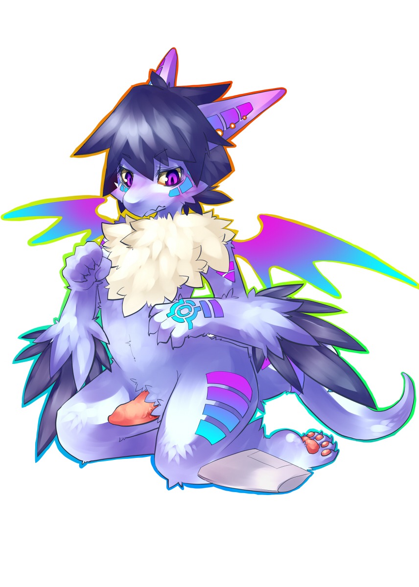 anthro biped blue_hair dragon e621 erection genitals hair hi_res kneeling kosian looking_at_viewer male mythological_creature mythological_scalie mythology penis purple_eyes scalie shota simple_background solo tail tapering_penis white_background young young_anthro young_male