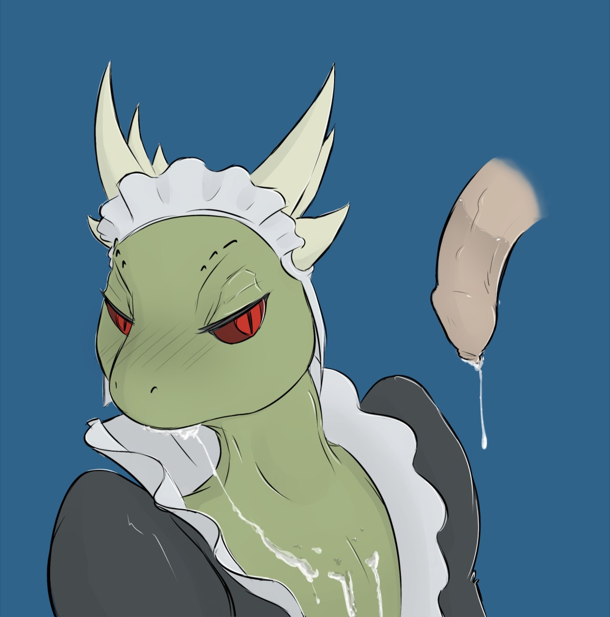 after_sex anthro argonian bethesda_game_studios blush bodily_fluids breasts clothing cum cum_in_mouth cum_inside cum_on_breasts digitalkaiju disembodied_penis duo e621 embarrassed female female_focus flaccid foreskin genital_fluids genitals half-erect hi_res horn human human_on_anthro humanoid_genitalia humanoid_penis interspecies lifts-her-tail long_foreskin maid_uniform male male/female mammal microsoft oblivion penis red_eyes scalie skyrim solo_focus the_elder_scrolls the_lusty_argonian_maid uniform unretracted_foreskin