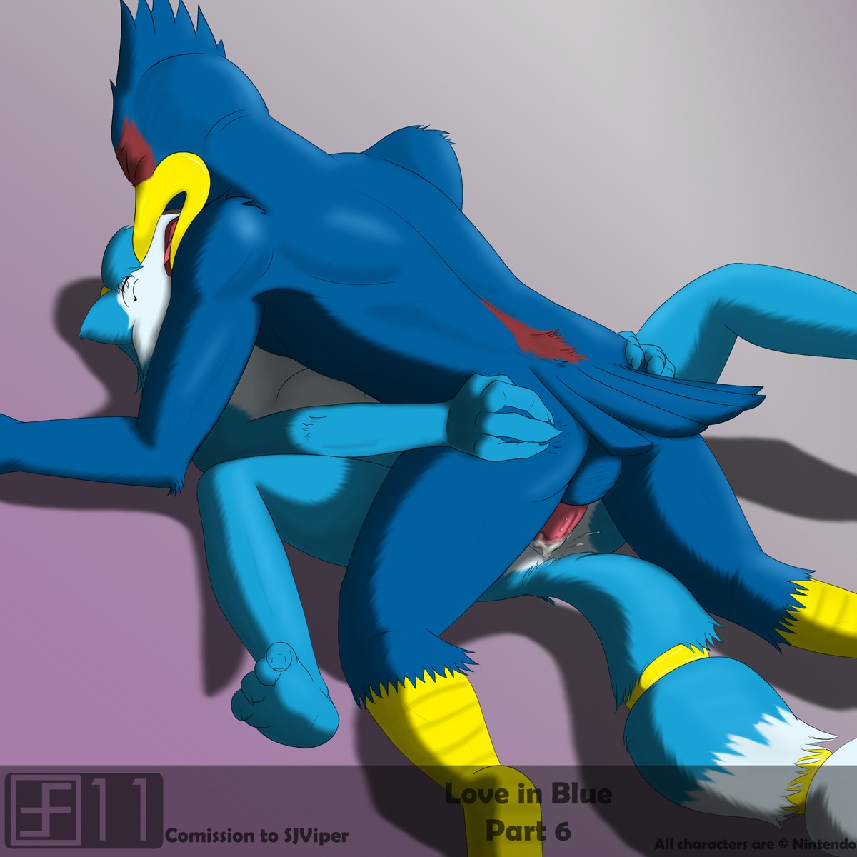 anthro ass ass_grab balls barefoot blue_fur closed_eyes color falco_lombardi female forsen_(artist) fox fur furry furry_tail interspecies krystal lying male missionary_position nintendo nude on_back penis pheasant rule34 sex star_fox tail testicles white_fur