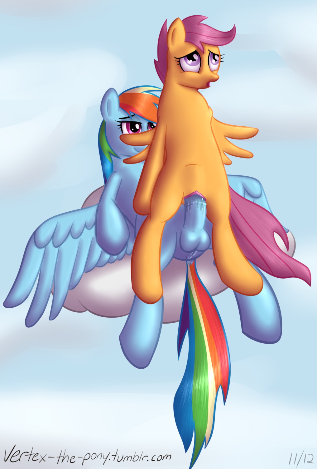 absurd_res balls blue_body blue_feathers blue_fur bodily_fluids cloud duo e621 equid equine erection feathered_wings feathers female female_penetrated feral friendship_is_magic fur genital_fluids genitals gynomorph gynomorph/female gynomorph_penetrating gynomorph_penetrating_female hair hasbro hi_res intersex intersex/female intersex_penetrating intersex_penetrating_female mammal multicolored_hair multicolored_tail my_little_pony mythological_creature mythological_equine mythology nude orange_body orange_fur pegasus penetration penile penile_penetration penis penis_in_vagina purple_eyes purple_hair rainbow_dash_(mlp) rainbow_hair rainbow_tail scootaloo_(mlp) sex tail vaginal vaginal_fluids vaginal_penetration vertex vulva wings young young_feral