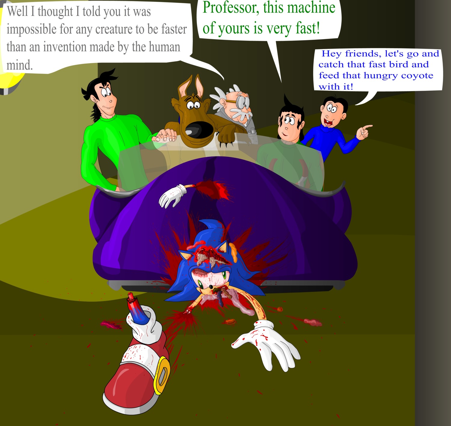absurd_res ambiguous_gender blood blue_body blue_fur bodily_fluids canid canine canis carnage collar crossover death dialogue domestic_dog e621 eevo_(author) eevo_(character) elder_(character) english_text eulipotyphlan fur gang gore green_eyes group guts hair hedgehog hi_res hovercraft human innards jujo_(character) killing limbs male mammal nintendo organs parody run_over sega sonic_the_hedgehog sonic_the_hedgehog_(series) text unwilling_stereotypes vehicle watercraft