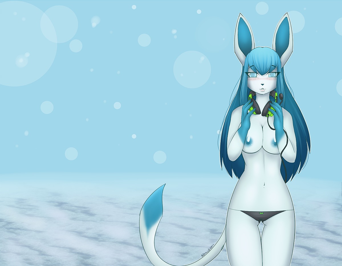 adiago anthro blue_hair breasts color day eeveelution female female_only front_view fur furry generation_4_pokemon glaceon hair headphones ice nintendo nipples outdoors pokemon pokemon_(species) rule34 solo standing tagme topless