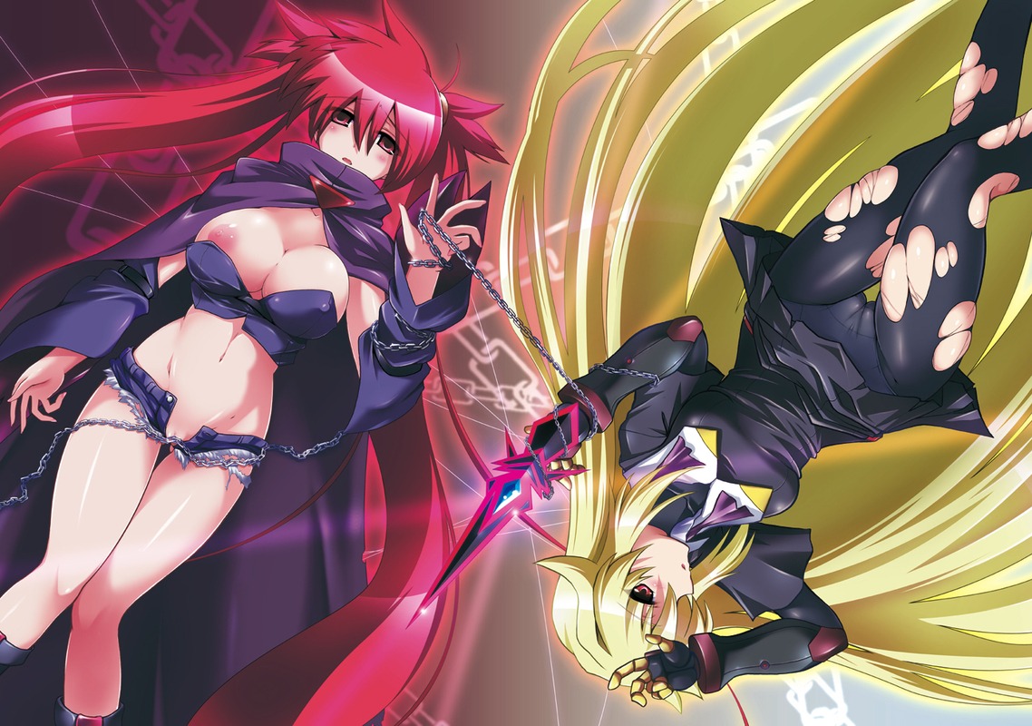 arcana_heart arcana_heart_3 black_legwear blonde_hair breasts c.r. cameltoe cape chains denim denim_shorts female female_only large_breasts military military_uniform multiple_females multiple_girls necktie nipple_slip nipples panties panties_under_pantyhose pantyhose pointy_chin pussy red_eyes red_hair rule34 scharlachrot short_shorts shorts sword torn_clothes torn_pantyhose underwear uniform wardrobe_malfunction weapon weiss