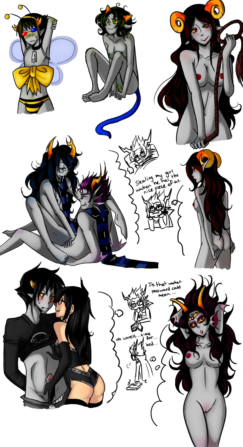 3boys 5girls alien alien/human alien_girl ambiguous_penetration antennae aradia_megido ass asymmetrical_horns black_hair blue_eyes blue_lips blue_nipples blush bow breasts closed_eyes collar crown embarrassed eridan_ampora feferi_peixes female fins glasses gloves goggles green_eyes green_nipples green_pussy grey_skin hand_on_penis hands_behind_head headband homestuck homestuck_troll horns jade_harley karkat_vantas long_hair looking_at_viewer male ms_paint_adventures nepeta_leijon nipples panties penis pink_eyes pink_lips pink_nipples pink_pussy pointy_ears pride-kun pride_(artist) purple_highlights pussy red_eyes red_lips red_nipples red_penis red_pussy rule34 scarf sharp_teeth shirt_lift short_hair sollux_captor straight tail troll vriska_serket whip white_background white_skin wings yellow_blush