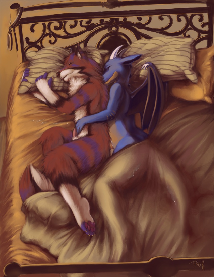 2008 after_sex anal anal_sex anthro bed canine chest_tuft claws closed_eyes cum dragon eyes fur furry gay horns male on_side pawpads penetration penis purplekecleon rule34 scalie stripes tail wolf