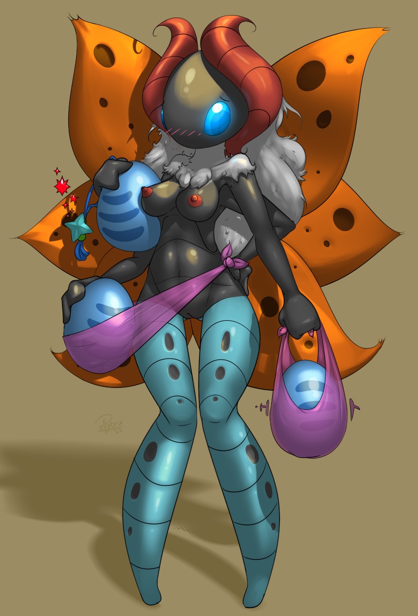 2013 4_arms anthro anthrofied arthropod bag barefoot biped blue_eyes blush breasts digital_media_(artwork) e621 egg elpatrixf feet female female_anthro generation_5_pokemon genitals glistening grasp hi_res holding_object insect lepidopteran looking_at_viewer multi_arm multi_limb navel nintendo nipples non-mammal_breasts non-mammal_nipples nude nude_anthro nude_female pokemon pokemon_(species) pokemorph raised_arm shadow simple_background solo standing tan_background volcarona volsharona_(elpatrixf) vulva wide_hips wings