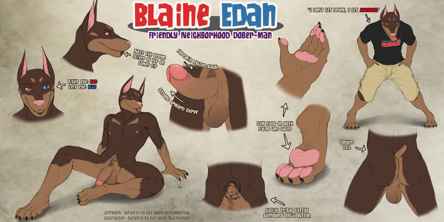 2:1 4_toes abs anthro backsack balls biceps big_penis biped blaine_edan blue_eyes bottomwear brown_body brown_fur butt canid canine canis claws clothing dobermann domestic_dog e621 erection feet foreskin fur genitals heterochromia hi_res humanoid_genitalia humanoid_penis humanoid_pointy_ears male mammal model_sheet muscular muscular_anthro muscular_male nipples nude partially_retracted_foreskin paws pecs penis pinscher pointy_ears pose red_eyes retracted_foreskin shirt shorts sitting solo spelunker_sal tattoo text thick_penis toe_claws toes topwear url vein