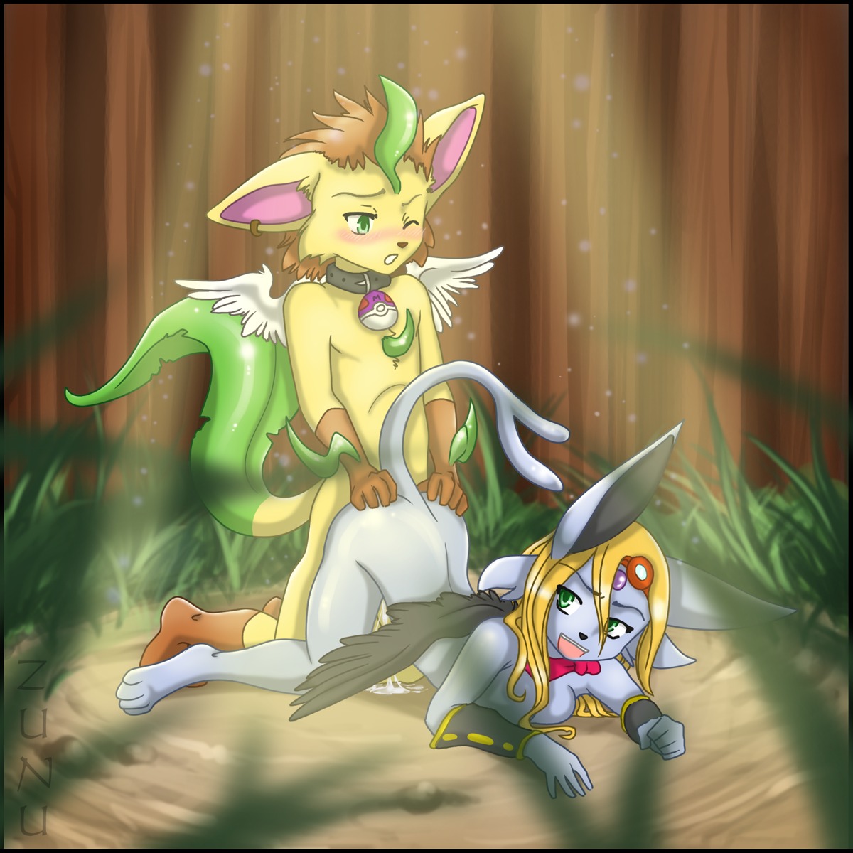 1:1 all_fours anthro anthro_on_anthro anthrofied black_wings blonde_hair bodily_fluids breasts canid canine collar cum doggystyle dripping duo e621 eeveelution elemental_creature espeon fan_character feathered_wings feathers female flora_fauna from_behind_position generation_2_pokemon generation_4_pokemon genital_fluids green_eyes hair hi_res leaf leaf_tail leafeon lee_(winged_leafeon) male male/female mammal nintendo olympia_(winged_leafeon) one_eye_closed plant pokemon pokemon_(species) pokemorph sex tail white_wings wings zunu-raptor