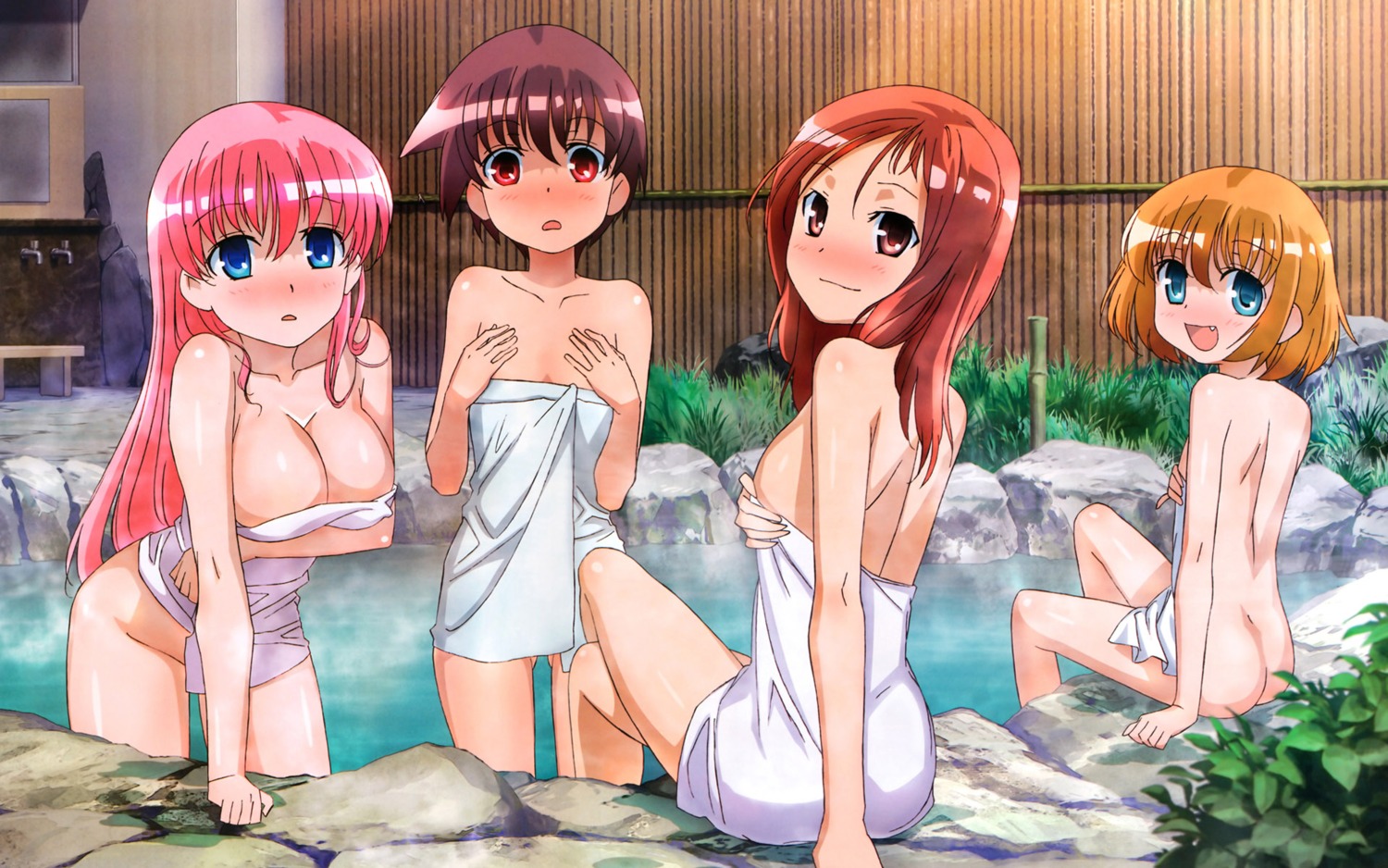 breast_hold breasts cleavage female haramura_nodoka kataoka_yuuki miyanaga_saki nude onsen rule34 saki takei_hisa towel