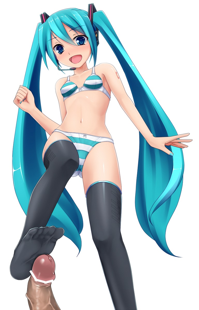 1boy 1girl aqua_eyes aqua_hair bar_censor blue_eyes blush bra censored curved_to_the_right_penis feet female footjob happy hatsune_miku headset hetero lingerie long_hair male nail_polish navel open_mouth panties penis rule34 simple_background solo_focus striped striped_bra striped_panties thighhighs twintails underwear underwear_only very_long_hair vocaloid white_background zettai_ryouiki