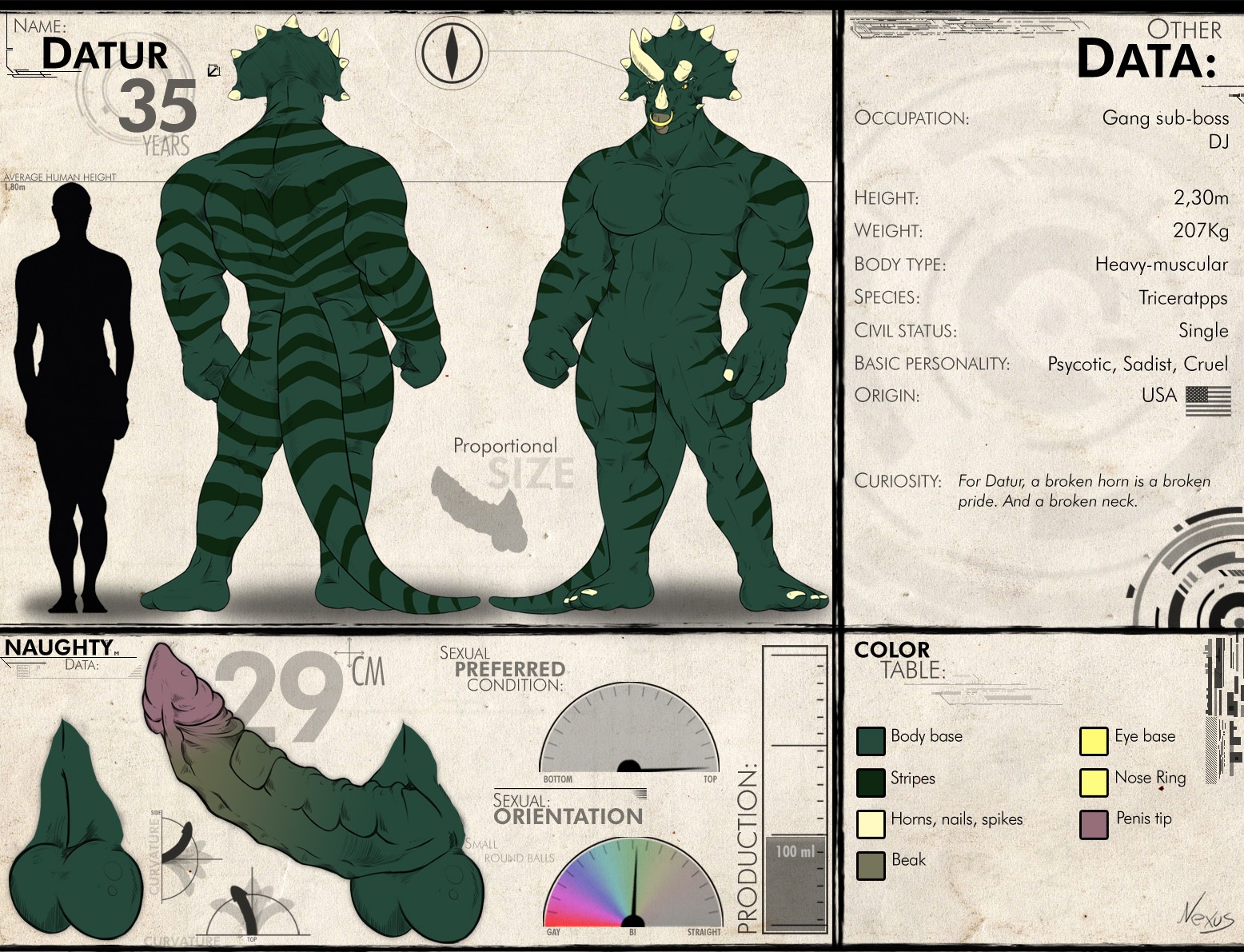 2012 3_toes abs animal_genitalia anthro athletic balls biceps big_muscles big_penis biped black_body black_skin bone_frill ceratopsian ceratopsid chasmosaurine claws datur dinosaur disembodied_penis e621 english_text erection facial_piercing feet flat_colors frill_(anatomy) genital_slit genitals green_body green_skin horn long_penis male marginocephalian markings model_sheet muscular muscular_anthro muscular_male nexus nose_piercing nose_ring nude ornithischian pecs penile_spines penis piercing pose prehistoric_species presenting reptile ring_piercing scales scalie septum_piercing sheath solo standing stripes text toe_claws toes triceratops unusual_anatomy unusual_genitalia unusual_penis yellow_eyes