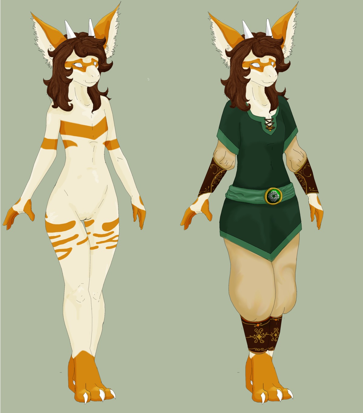 absurd_res brown_hair chimera claws clothed clothing curly_hair e621 female flat_chested fur hair hi_res horn hybrid leather markings nude solo unknown_artist