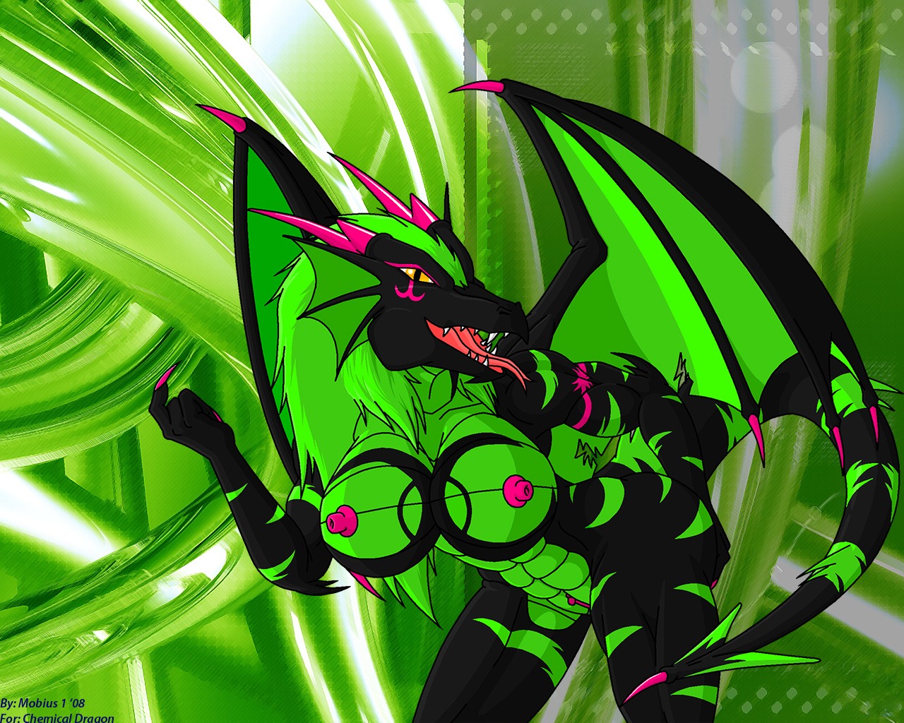 2008 5:4 abstract_background anthro big_breasts biohazard_symbol black_body breasts countershading dragon e621 female genitals green_body green_countershading green_hair green_markings hair hazard_symbol horn looking_at_viewer markings membrane_(anatomy) membranous_wings mobius1 mythological_creature mythological_scalie mythology nipples non-mammal_breasts non-mammal_nipples pattern_background scalie simple_background solo symbol tail tongue vulva wings yellow_eyes