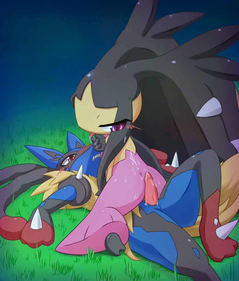2014 ambiguous_gender anthro barefoot blue_body blue_fur blush bodily_fluids butt canid canine cowgirl_position cum cum_on_back cum_on_butt cum_on_penis drooling duo e621 erection feet from_front_position fur generation_6_pokemon genital_fluids genitals kaceuth looking_back looking_down lying male mammal mega_evolution mega_lucario mega_mawile messy nintendo nude on_back on_bottom on_top orgasm penis pokemon pokemon_(species) saliva sex sharp_teeth spikes straddling teeth tongue tongue_out