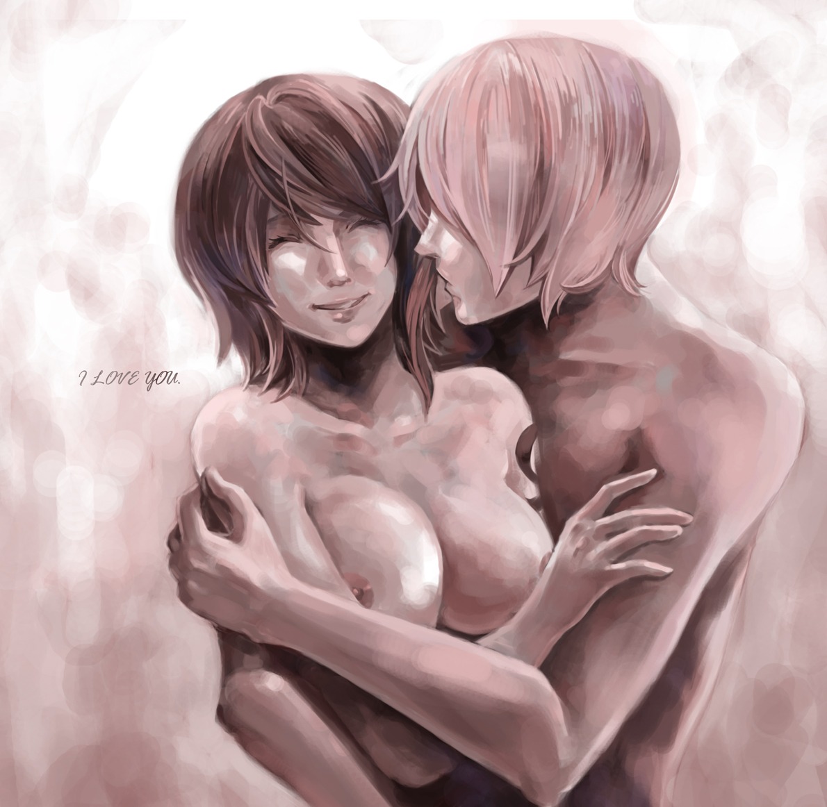 1boy 1girls blonde_hair breasts closed_eyes completely_nude couple covering_breasts embrace_from_the_behind female i_love_you imminent_kiss love male nami_(one_piece) nipples nude nude_female nude_male one_piece orange_hair pre-timeskip rule34 smile vinsmoke_sanji wholesome