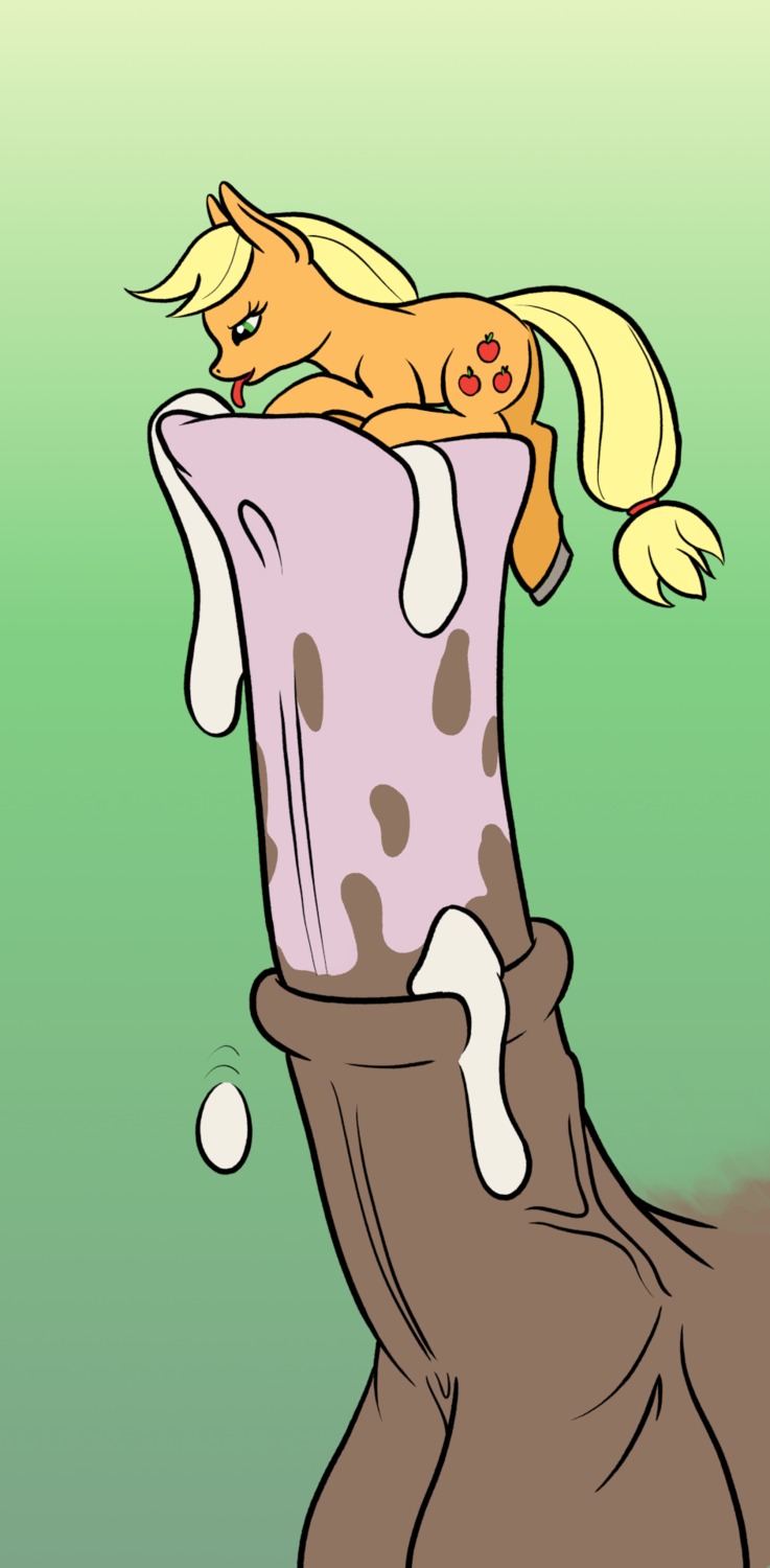 2013 animal_genitalia animal_penis applejack_(mlp) blonde_hair bodily_fluids cum cutie_mark duo e621 earth_pony equid equine equine_genitalia equine_penis erection female feral forbiddenponyworld friendship_is_magic fur genital_fluids genitals green_eyes hair hasbro hi_res horse male male/female mammal micro my_little_pony nude orange_body orange_fur penis pony simple_background tongue