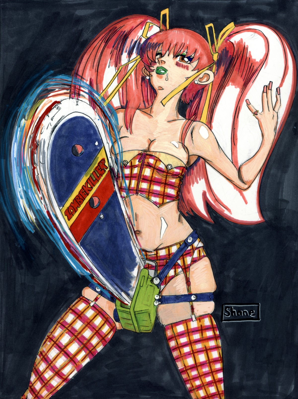 absurd_res big_hair blade blush breasts brown_eyes chainsaw clothed clothing dildo e621 ear_piercing english_text female hair harness hi_res human lipstick makeup mammal not_furry notanothervillain panties piercing power_tool ring saw sex_toy skimpy solo strapon straps text tools underwear weapon what