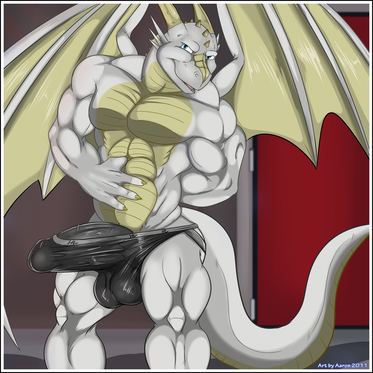 1:1 2011 aaron_(artist) abs altoryu anthro balls_outline barely_contained barely_contained_penis biceps big_muscles big_penis biped black_penis blue_eyes border bulge claws clothed clothing detailed_bulge digital_drawing_(artwork) digital_media_(artwork) door dragon e621 erection european_mythology fangs genital_outline genitals grey_body grey_skin grin hi_res horn humanoid_genitalia humanoid_penis looking_at_viewer male membrane_(anatomy) membranous_wings muscular muscular_anthro muscular_male mythological_creature mythological_scalie mythology open_mouth pecs penis pose reptile scales scalie seductive smile solo speedo standing swimwear swimwear_only tail teeth tongue topless vein western_dragon white_body white_border wings yellow_body yellow_horn yellow_skin