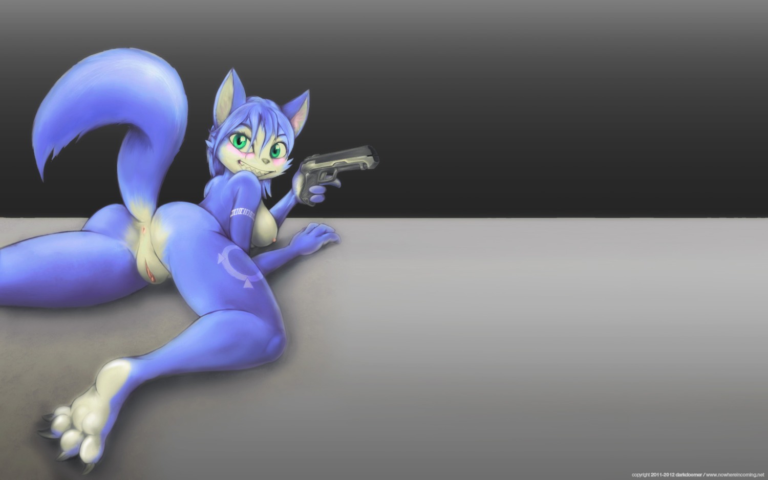 anthro ass back_view black_nose blue_fur blue_hair blush breasts color darkdoomer ears female female_only fox fur furry furry_ass furry_breasts furry_ears furry_tail green_eyes gun hair krystal looking_at_viewer looking_back lying nudity on_front open_eyes pistol pussy raised_tail rule34 short_hair solo star_fox tail vulva weapon white_fur
