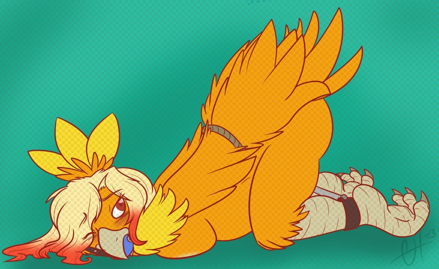 2013 anthro ass_up avian ball_gag bdsm beak blink_(artist) blue_ball_gag blush bondage bound breasts claws e621 eyelashes feathers female gag gagged generation_3_pokemon green_background hair hands_behind_back looking_back nintendo non-mammal_breasts nude one_eye_closed orange_body orange_feathers pokemon pokemon_(species) pokemorph pregnant pregnant_anthro pregnant_female red_eyes red_hair restraints rope simple_background solo spreader_bar submissive submissive_female toe_claws torchic white_hair yellow_body yellow_feathers