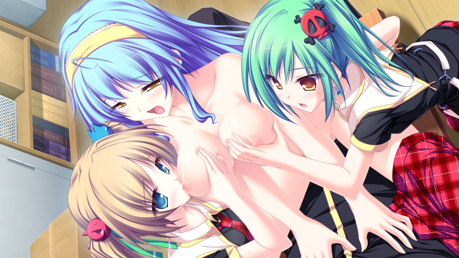3girls blonde_hair blue_eyes blue_hair breast_grab breasts brown_eyes female game_cg green_hair group_sex high_res long_hair multiple_females multiple_girls nipples nude open_mouth oppai ponytail rule34 school_uniform sex short_hair tied_hair twintails yellow_eyes yuri