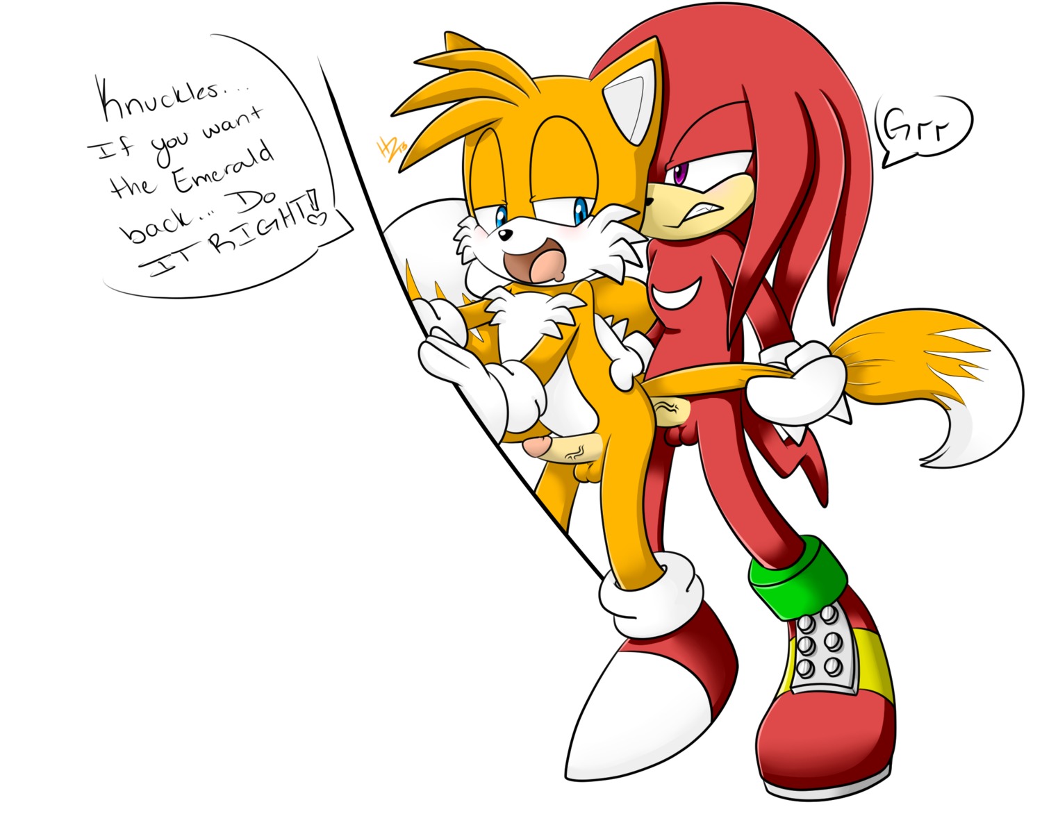 amatsucat anal anal_penetration anthro anthro_on_anthro balls blue_eyes canid canine clothing dialogue duo e621 echidna english_text erection fluffy fluffy_tail footwear fox from_behind_position genitals hi_res knuckles_the_echidna male male/male male_penetrated male_penetrating male_penetrating_male mammal miles_prower monotreme multi_tail open_mouth penetration penis purple_eyes sega sex shoes sonic_the_hedgehog_(series) standing tail tail_grab tail_pull text