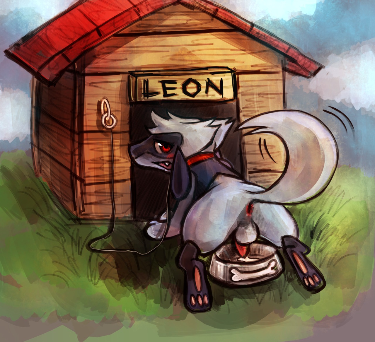 2012 anthro anus balls bdsm bodily_fluids bowl canid canine collar container digital_media_(artwork) doghouse e621 erection feet generation_4_pokemon genital_fluids genitals haychel leash leon_(haychel) male mammal nintendo penis pet_bowl petplay pokemon pokemon_(species) precum puppyplay red_eyes riolu roleplay semi-anthro solo tail young young_anthro young_male
