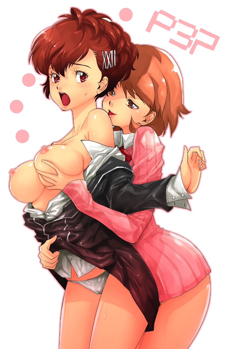 blush boyaking breast_grab breasts brown_eyes brown_hair cameltoe curvy female female_protagonist_(persona_3) heroine highres hug hug_from_behind kotone_shiomi megami_tensei multiple_females multiple_girls nipples open_clothes open_shirt panties persona persona_3 persona_3_portable pussy red_eyes red_hair rule34 school_uniform shin_megami_tensei shirt short_hair underwear yukari_takeba yuri