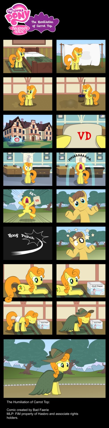 2013 absurd_res bed bed_sheet bedding blue_eyes bodily_fluids box brown_hair bruised bruised_eye bucket caramel_(mlp) carrot_top_(mlp) cleaning_tool clothing comic container crying cutie_mark diaper e621 earth_pony english_text equid equine female feral friendship_is_magic furniture genital_fluids green_eyes hair hasbro hat headgear headwear hi_res horse hospital incontinence male mammal mop my_little_pony orange_hair outside perfectblue97 plant pony punch quadruped star std tail tears text tree upset urine water white_diaper