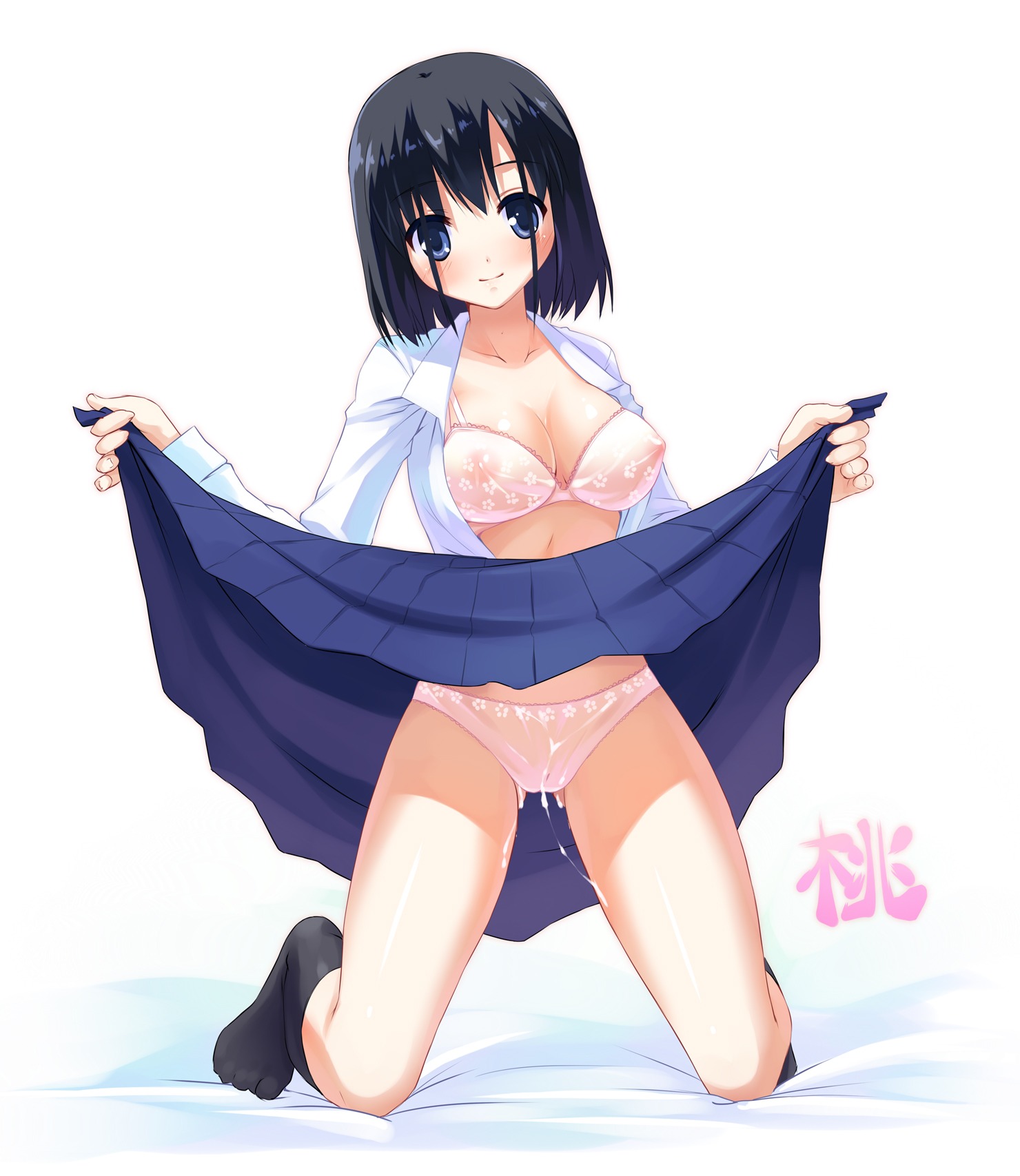 black_socks blue_eyes bra breasts cleavage cum cum_string dress female footwear highres knee_socks kneehighs kneeling kneesocks large_breasts lingerie open_clothes open_shirt panties rule34 saki see-through see-through_bra see-through_panties senji_(artist) senji_(tegone_spike) shirt short_hair skirt skirt_lift socks touyoko_momoko underwear