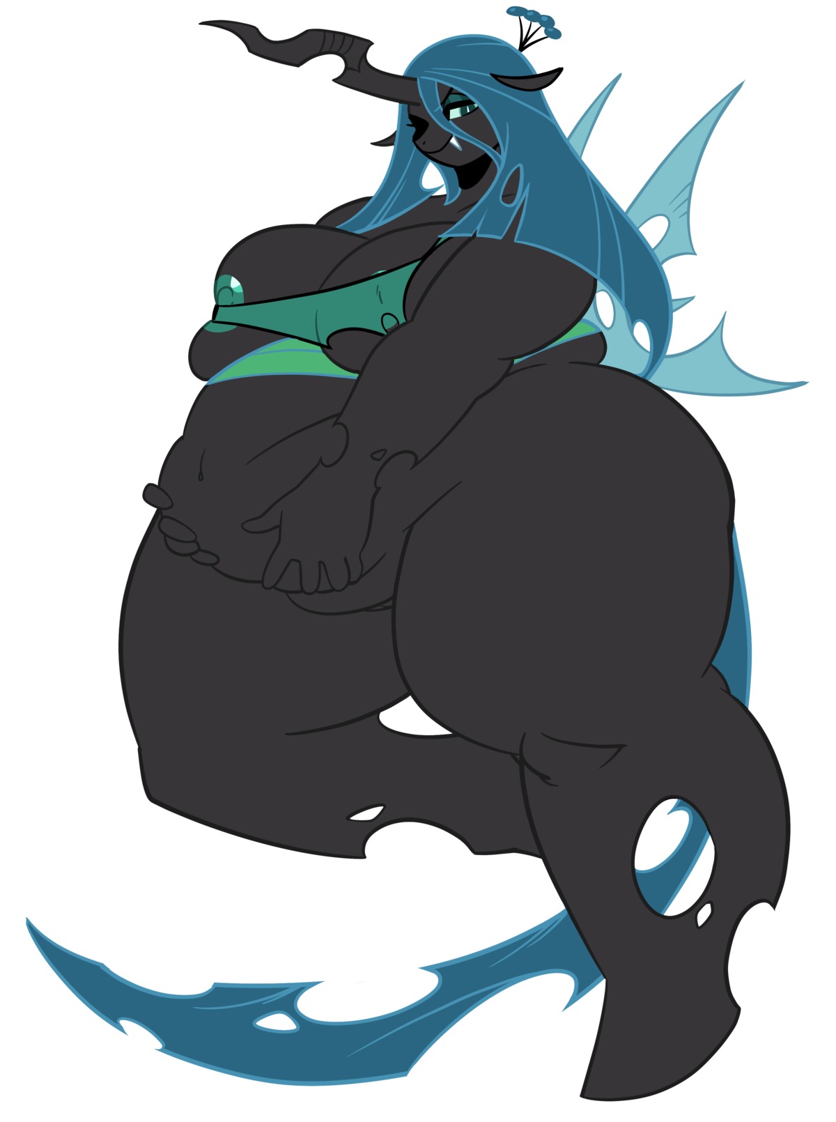 absurd_res arthropod belly big_belly big_breasts black_body blue_hair breasts changeling_(mlp) clothing e621 fangs female friendship_is_magic genitals grim-kun hair hasbro hi_res horn insect_wings looking_at_viewer my_little_pony navel nipples overweight overweight_female queen_chrysalis_(mlp) simple_background smile solo teeth thick_thighs tight_clothing vulva white_background wide_hips wings