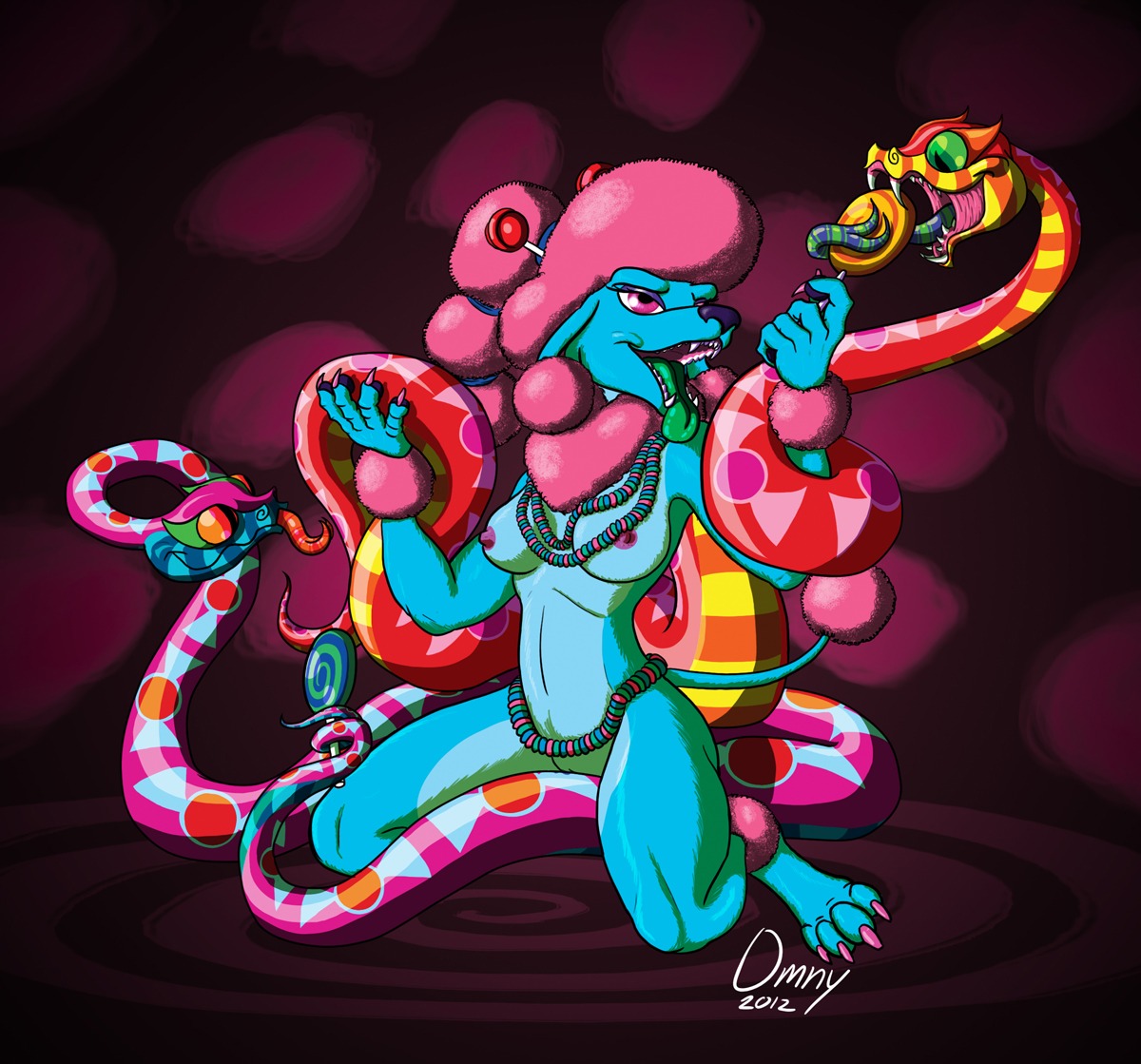 2012 anthro blue_body blue_fur breasts candy canid canine canis dessert domestic_dog duo e621 female feral food forked_tongue fur genitals georgette_clip green_tongue hair lollipop long_tongue mammal nipples nude omny87 open_mouth pink_hair poodle reptile scalie snake sparklefur tail tongue tongue_out vulva