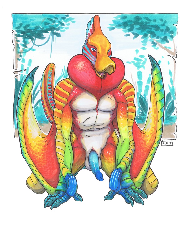 anthro beak bird_wyvern blue_body blue_eyes blue_penis blue_skin capcom colorful_theme crimson_qurupeco dewlap_(anatomy) dinosaur e621 erection front_view genitals gular_sac iggi looking_at_viewer male membrane_(anatomy) membranous_wings monster_hunter nude penis plant prehistoric_species qurupeco reptile saurischian scalie solo theropod tree wings