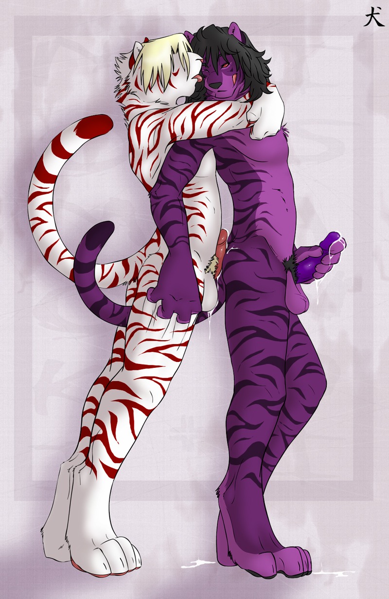 after_masturbation after_sex anthro balls bodily_fluids cum dripping duo e621 erection felid fur genital_fluids genitals hi_res humanoid_genitalia humanoid_penis leucistic licking licking_lips male male/male mammal messy nude one_eye_closed pantherine penis purple_body purple_fur red_eyes self_lick standing straydog tail tiger tongue tongue_out white_body white_fur