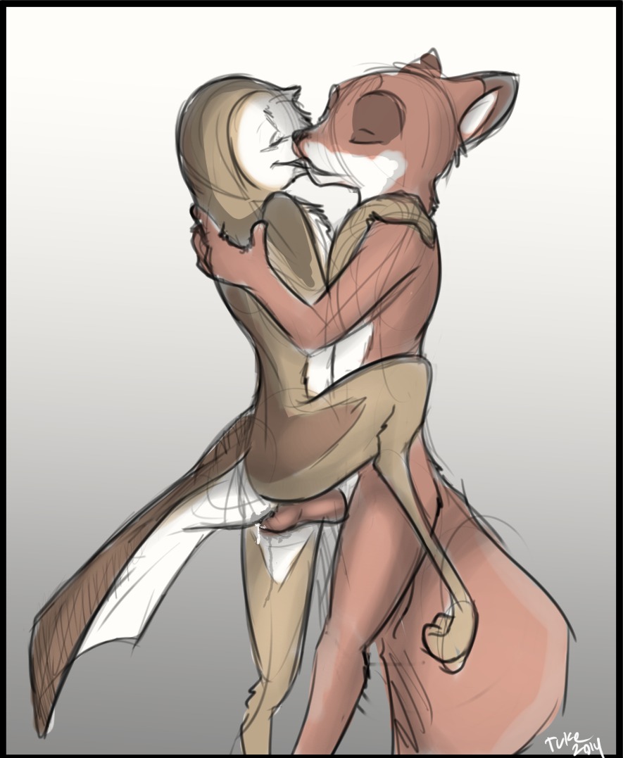 2014 ambiguous_gender anthro avian bird bodily_fluids canid canine cum digital_media_(artwork) duo e621 erection eyes_closed fox genital_fluids genitals hug interspecies kissing male mammal nude owl penis romantic romantic_couple sex tuke tuke_(tuke)