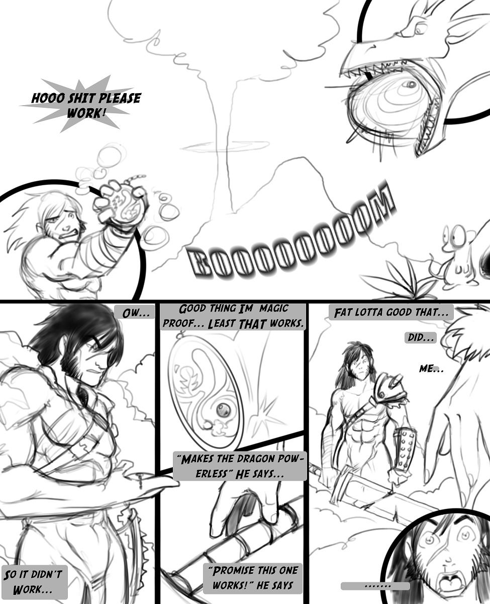 black_and_white comic dragon duo e621 english_text flaccid genitals hi_res human male mammal monochrome muscular muscular_male mythological_creature mythological_scalie mythology penis profanity raus_(recklessarts) recklessarts rika_(recklessarts) scalie scar text weapon