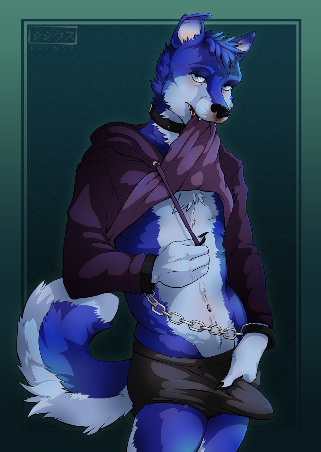 4_fingers anthro black_background black_nose blue_body blue_eyes blue_fur bulge canid canine canis chain chest_tuft clothed clothing clothing_lift collar cuff_(restraint) detailed_bulge digital_media_(artwork) domestic_dog e621 fingers fur genital_outline hi_res hoodie husky khensu male mammal multicolored_body multicolored_fur navel nordic_sled_dog penis_outline restraints shackles simple_background solo spitz tail teeth topwear tuft two_tone_body two_tone_fur underwear vagabond_(artist) white_body white_fur