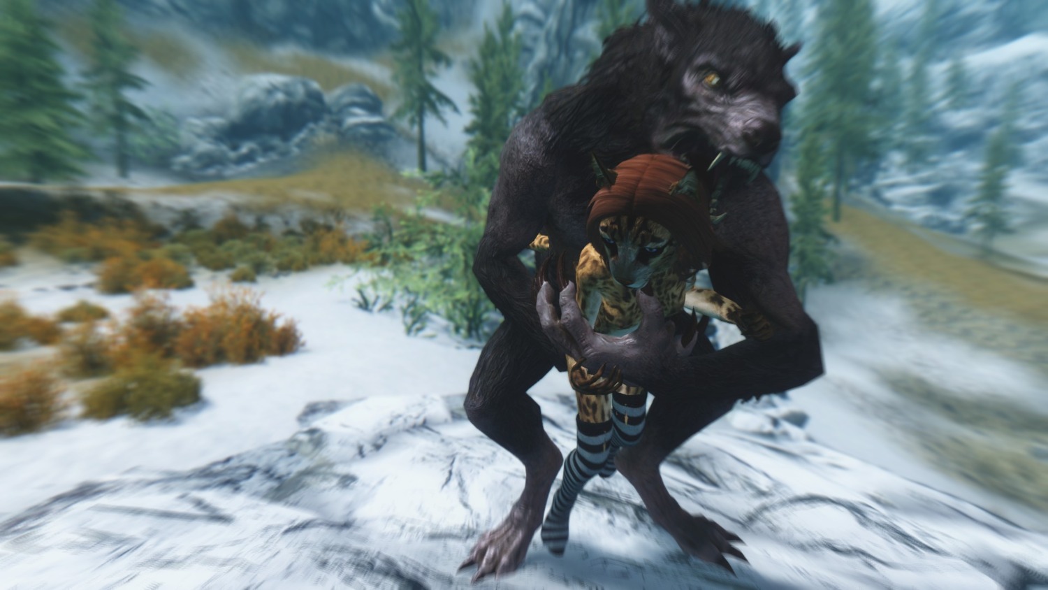 16:9 3d_(artwork) anthro bethesda_game_studios breasts canid canine clothing digital_media_(artwork) discombobulation duo e621 felid female feral footwear forced hi_res interspecies khajiit legwear male mammal microsoft mythological_canine mythological_creature mythology rape screencap sex skyrim skyrim_werewolf socks the_elder_scrolls werecanid werecanine werecreature werewolf widescreen