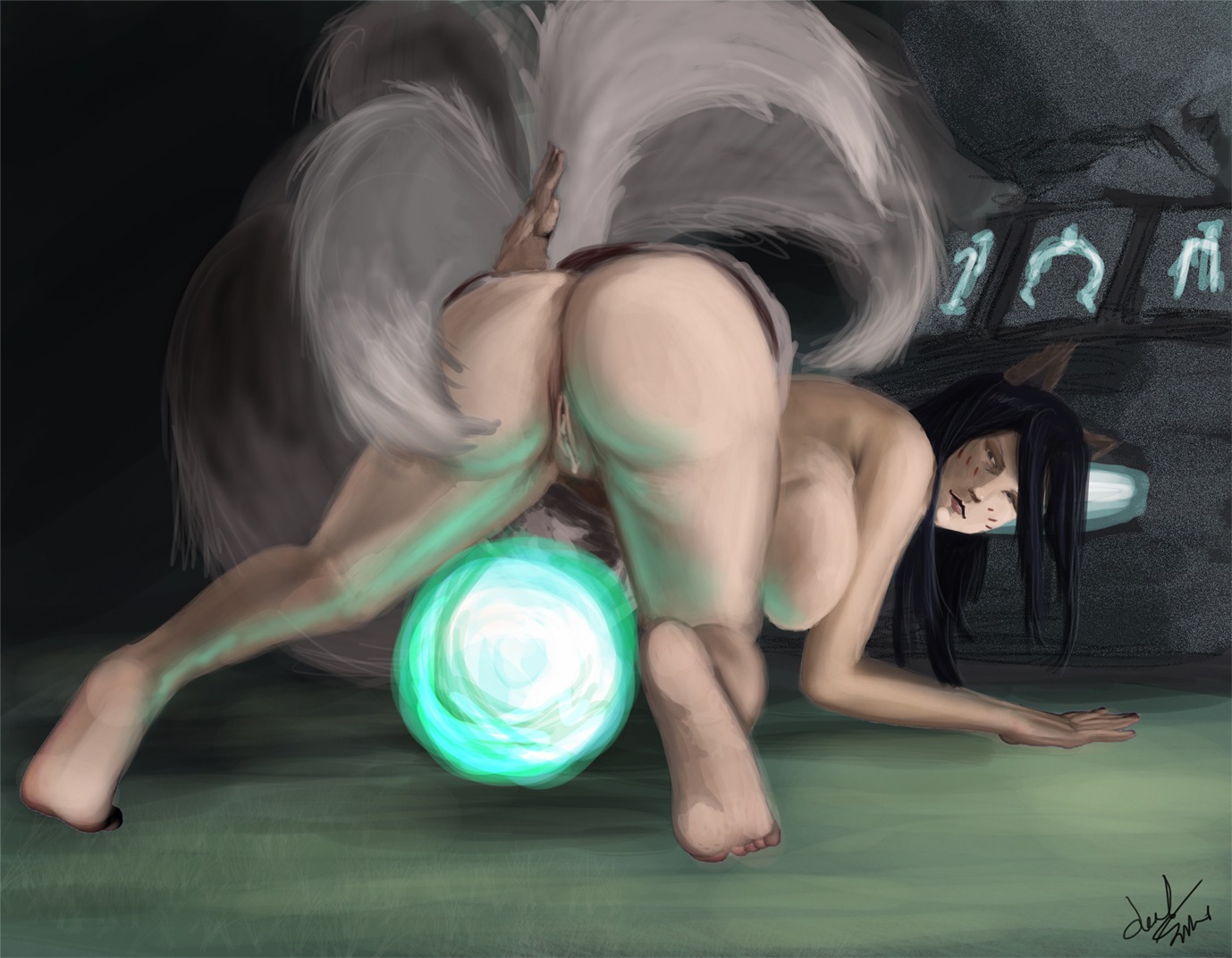 ahri feet female fur furry_tail humanoid league_of_legends multi_tail pussy rule34 soles tail tails xbeachboylloydx