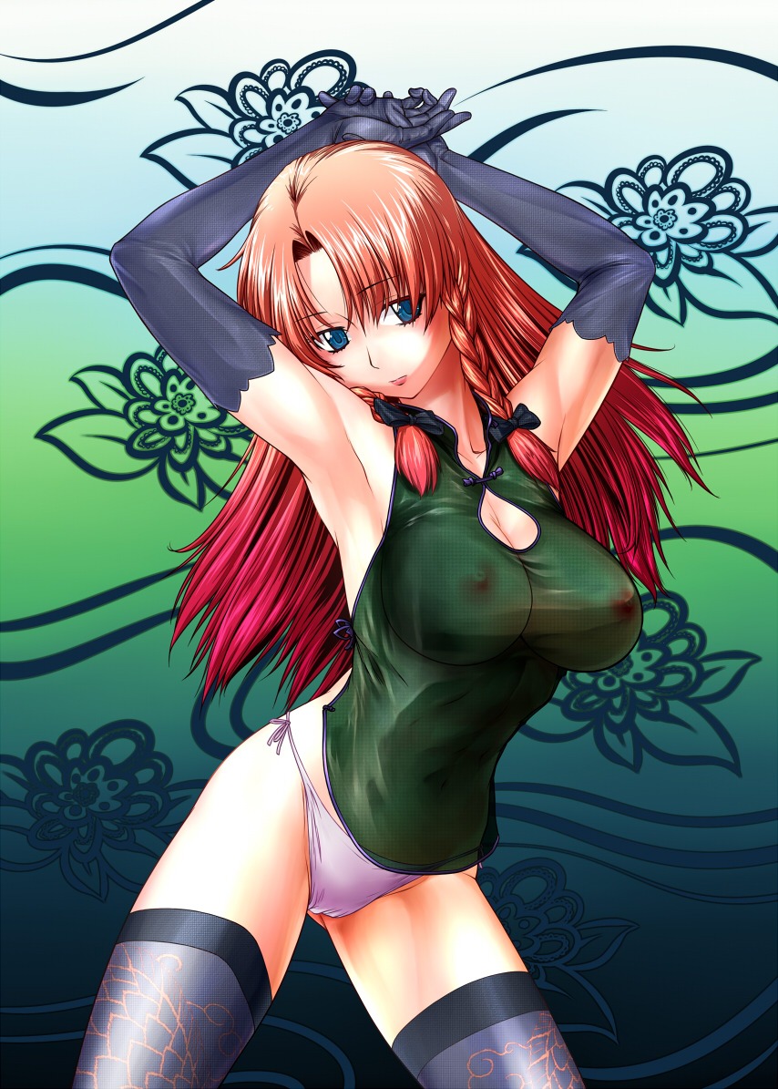 arms_up blue_eyes braid breasts captain_freedom cleavage_cutout elbow_gloves female gloves hong_meiling long_hair nipples panties red_hair rule34 see-through side-tie_panties the_embodiment_of_scarlet_devil thighhighs touhou twin_braids underwear