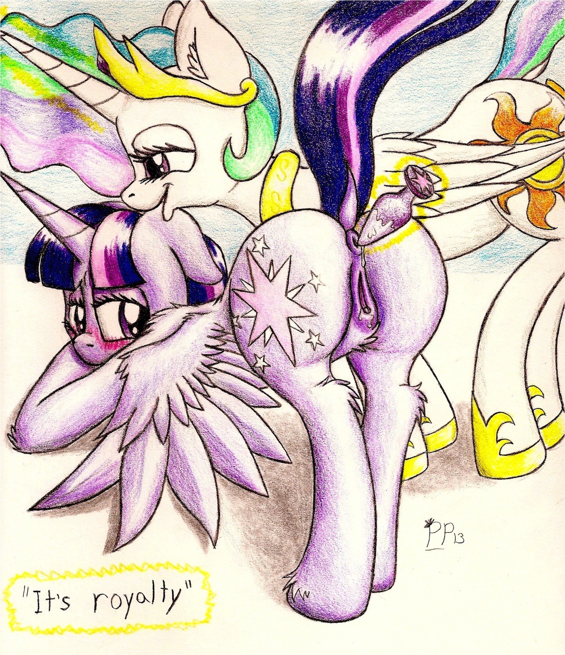 2013 anal anal_penetration anus blush buttplug crown cutie_mark duo e621 equid equine feathered_wings feathers female feral friendship_is_magic fur genitals hair hasbro headgear hi_res horn magic mammal multicolored_hair my_little_pony mythological_creature mythological_equine mythology pegasus penetration plug_(sex_toy) princess_celestia_(mlp) punkpega purple_body purple_eyes purple_fur purple_hair sex_toy twilight_sparkle_(mlp) two_tone_hair vulva white_body white_fur winged_unicorn wings