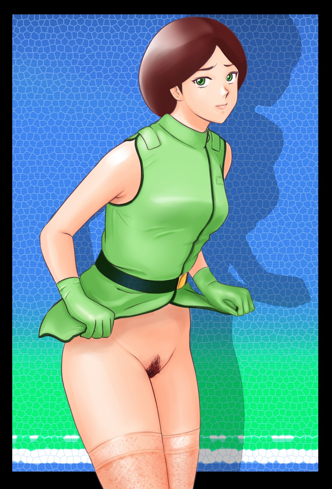 1girls 2009 2d 2d_(artwork) bottomless breasts brown_hair emma_sheen female female_only gabu_(artist) gloves green_eyes gundam hi_res highres human leggings light-skinned_female light_skin looking_at_viewer looking_back no_panties pubes pubic_hair rule34 short_hair solo thighhighs zeta_gundam