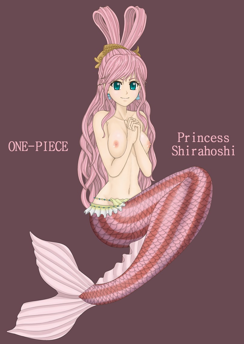 1girls big_breasts blue_eyes breasts female female_only merfolk mermaid nipples one_piece pink_hair png princess rule34 shirahoshi smile solo text topless