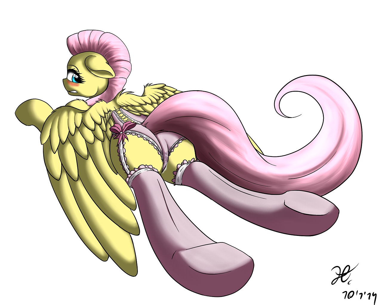 2014 5:4 blush bodily_fluids butt clothing corset e621 equid equine feathered_wings feathers female feral fluttershy_(mlp) friendship_is_magic fur garter_straps genital_fluids hair hasbro ho7y5hoxx legwear lingerie lying mammal my_little_pony mythological_creature mythological_equine mythology on_front panties pegasus pink_hair simple_background solo stockings topwear underwear vaginal_fluids white_background wings yellow_body yellow_feathers yellow_fur